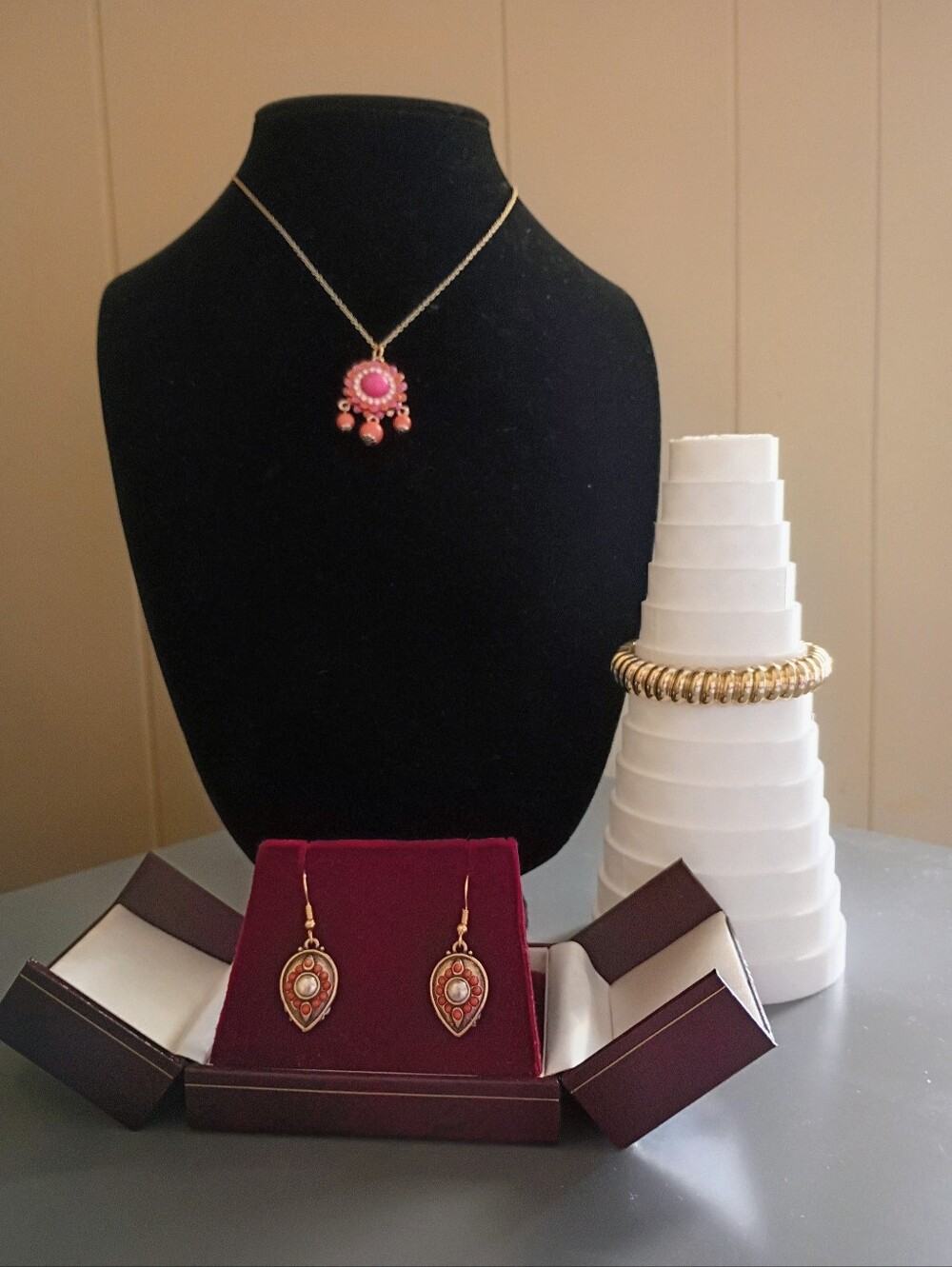 Orange and Gold Toned Necklace Pierced Earrings and Bracelet